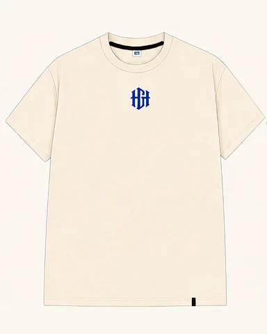 Front of the Full Time Baller Tee in cream, with a royal blue HGH monogram on the chest