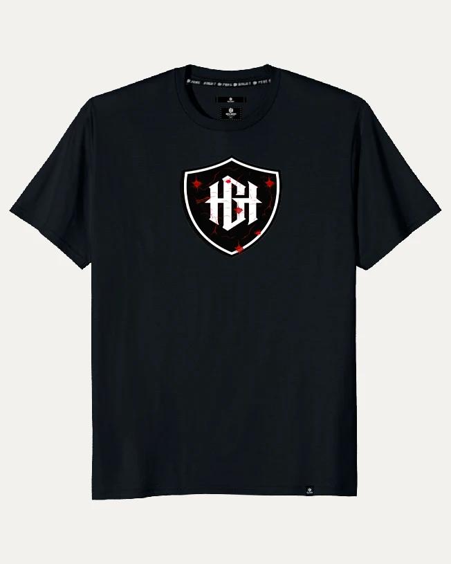 Front of the HGH Shield Tee in black, with the HGH shield on the chest