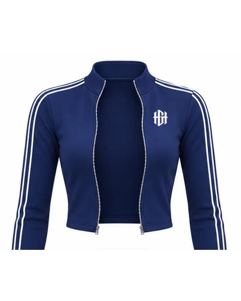 Front of the navy Home Grown cropped track jacket, open, with white sleeve stripes