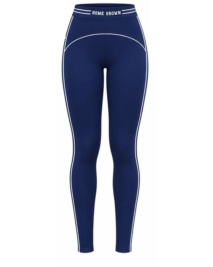 Front of the navy Home Grown leggings, with a striped Home Grown waistband and white piping